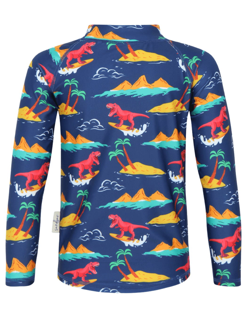 Surfing Dinosaur Rash Guard, additional view. Kids UPF50 rash guard.