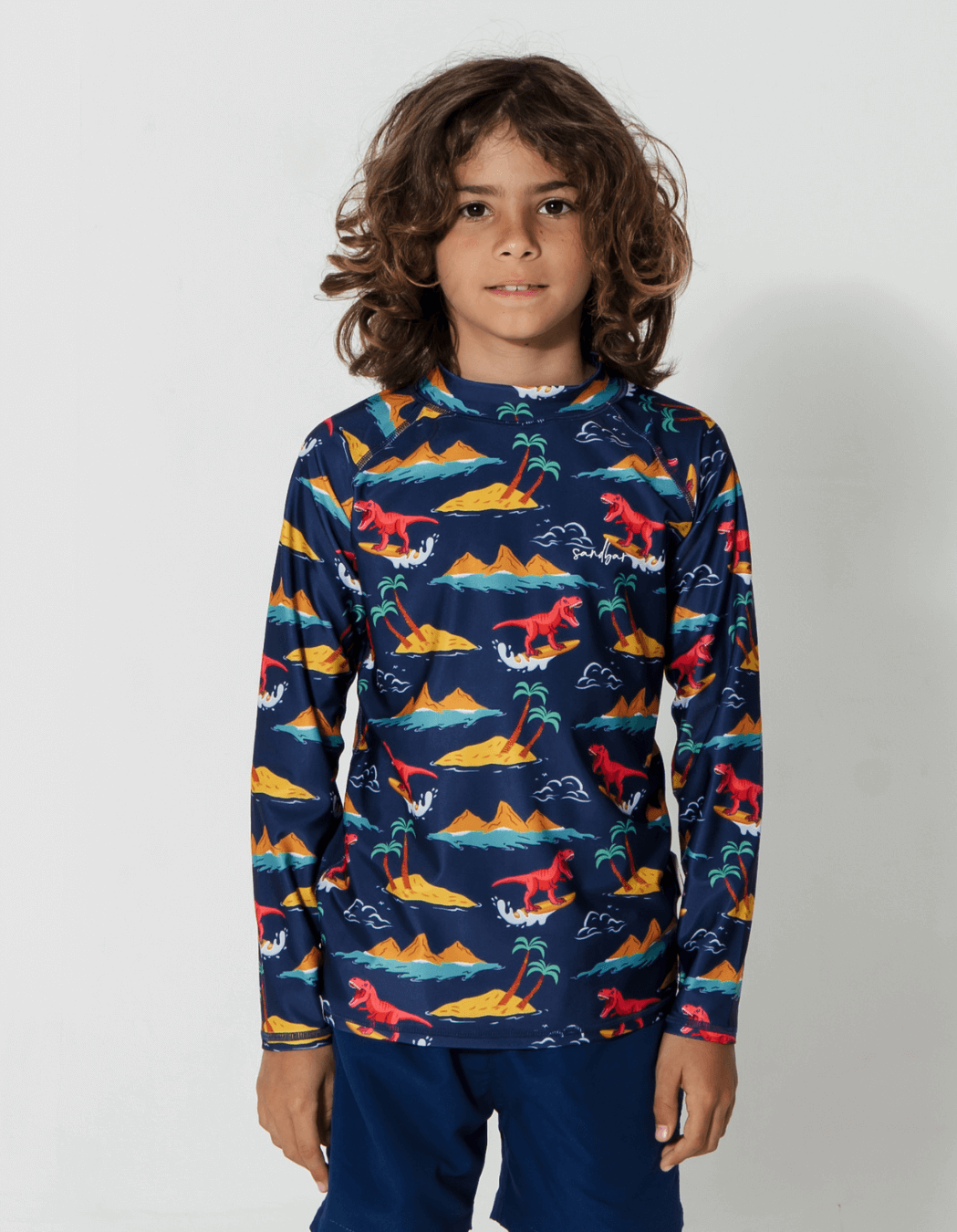 Surfing Dinosaur Rash Guard, back view. Kids UPF50 rash guard.