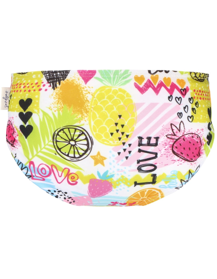 Tropical Fruit Girls Bikini Bottoms, lifestyle shot. Sustainable girls swimwear.