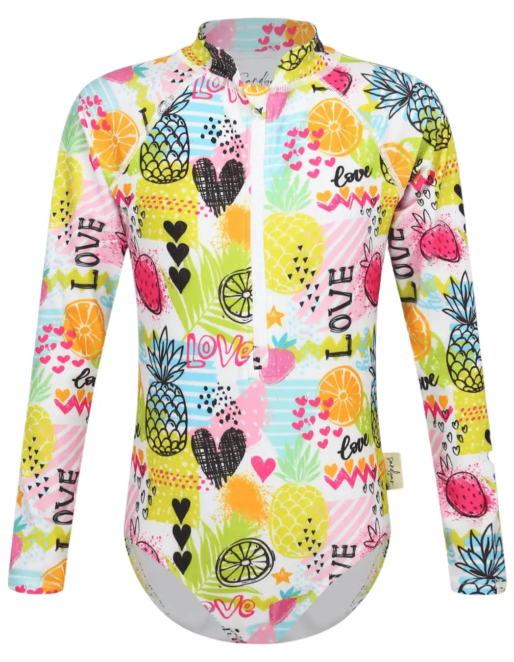 Tropical Love Long Sleeved Girls Swimsuit, lifestyle shot. Sustainable girls swimwear.