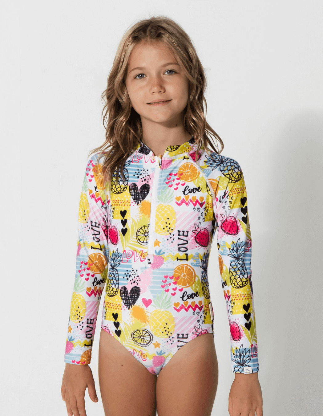 Tropical Love Long Sleeved Girls Swimsuit, print detail. Sustainable girls swimwear.