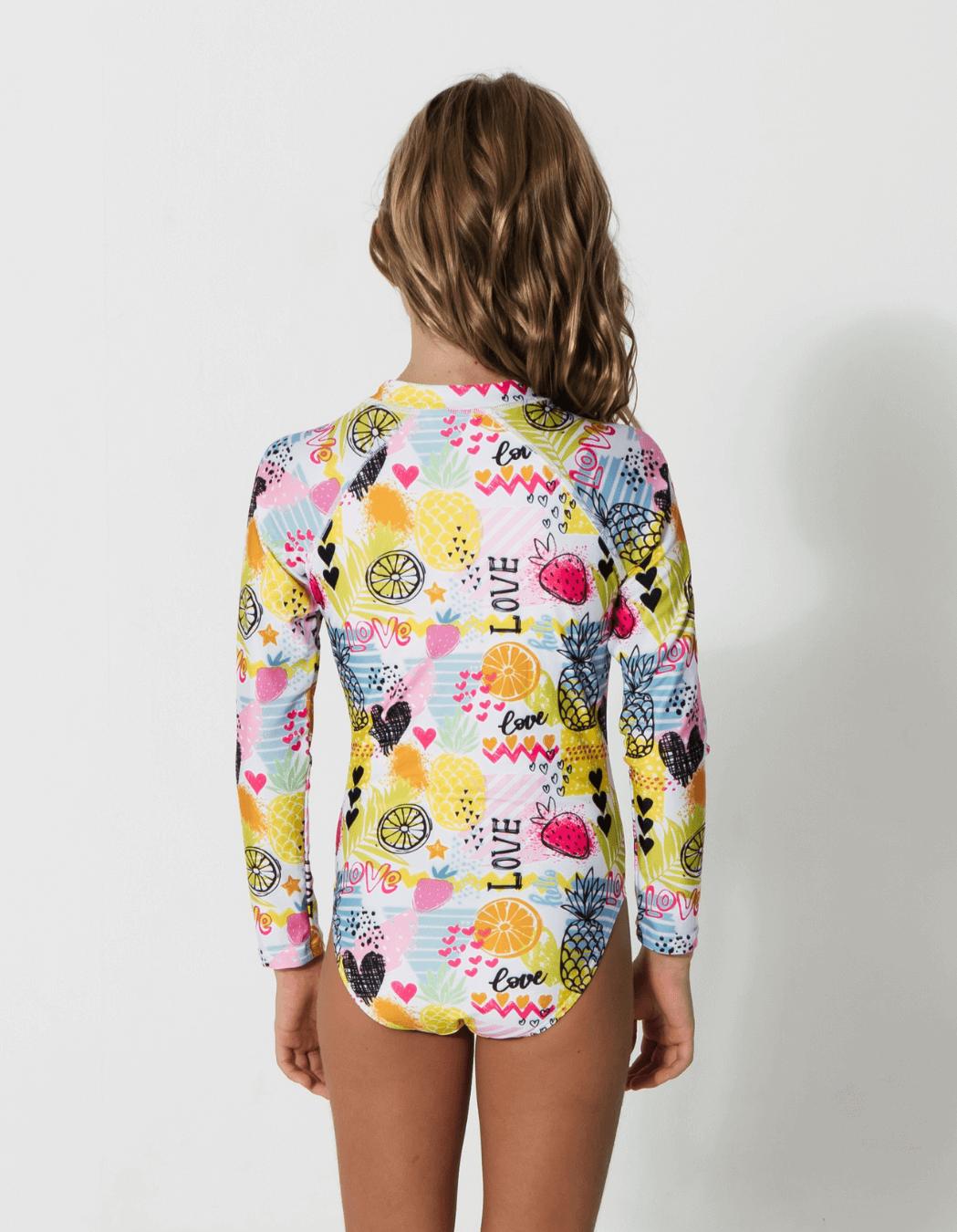 Tropical Love Long Sleeved Girls Swimsuit, back view. Sustainable girls swimwear.