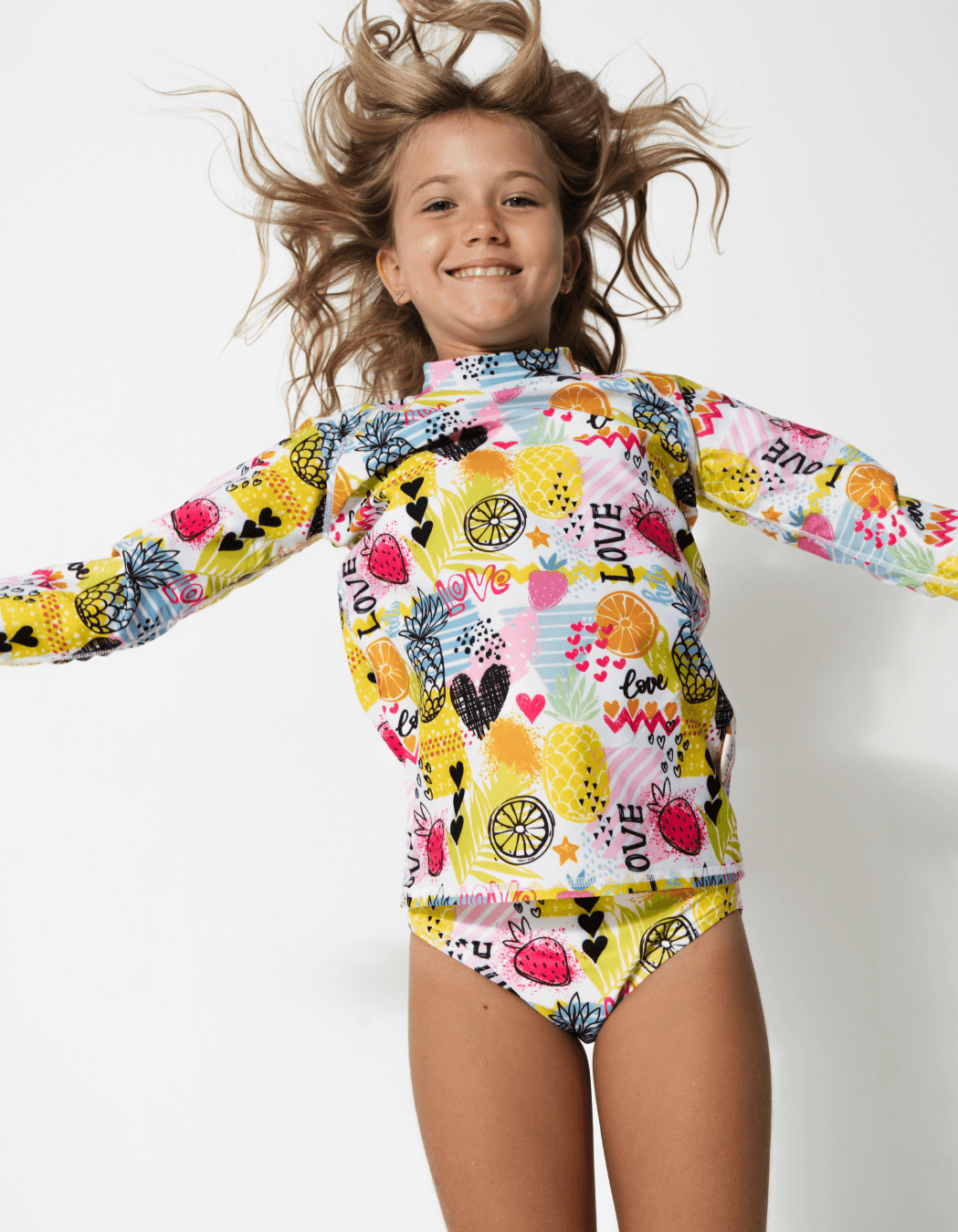 Tropical Love Rash Guard, additional view. Kids UPF50 rash guard.
