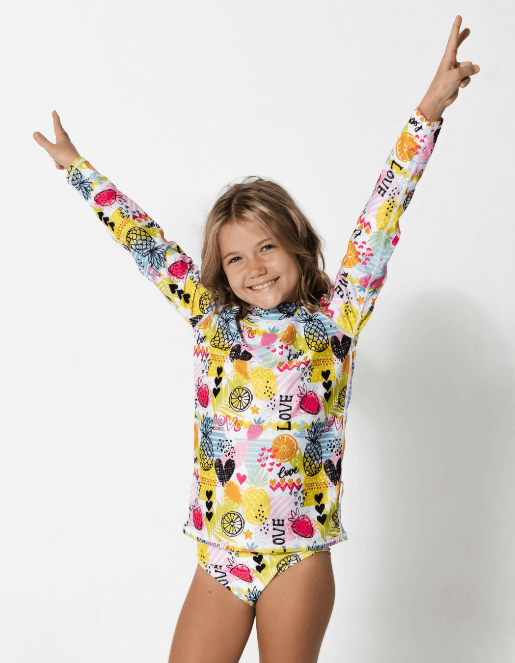 Tropical Love Rash Guard, print detail. Kids UPF50 rash guard.