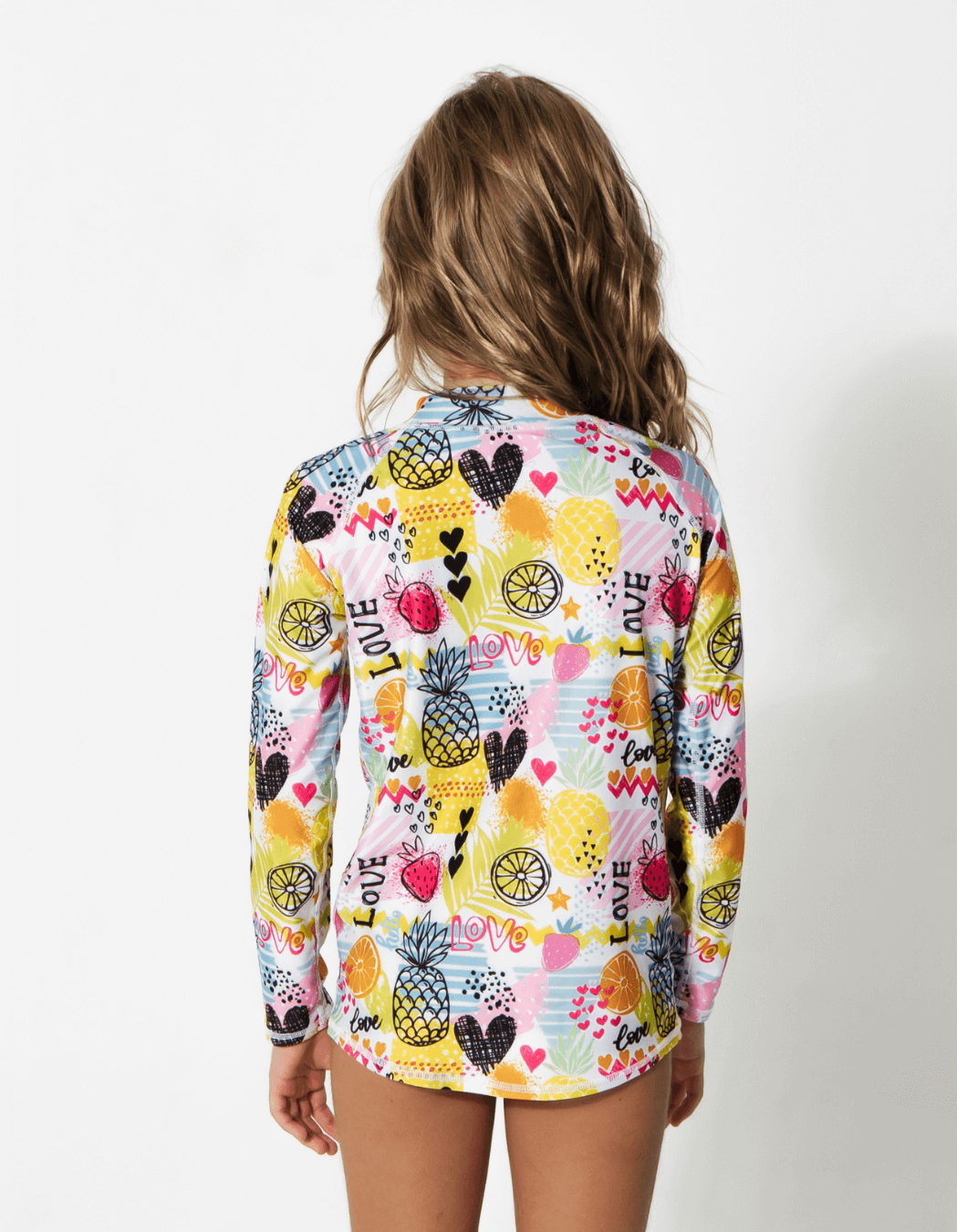 Tropical Love Rash Guard, back view. Kids UPF50 rash guard.