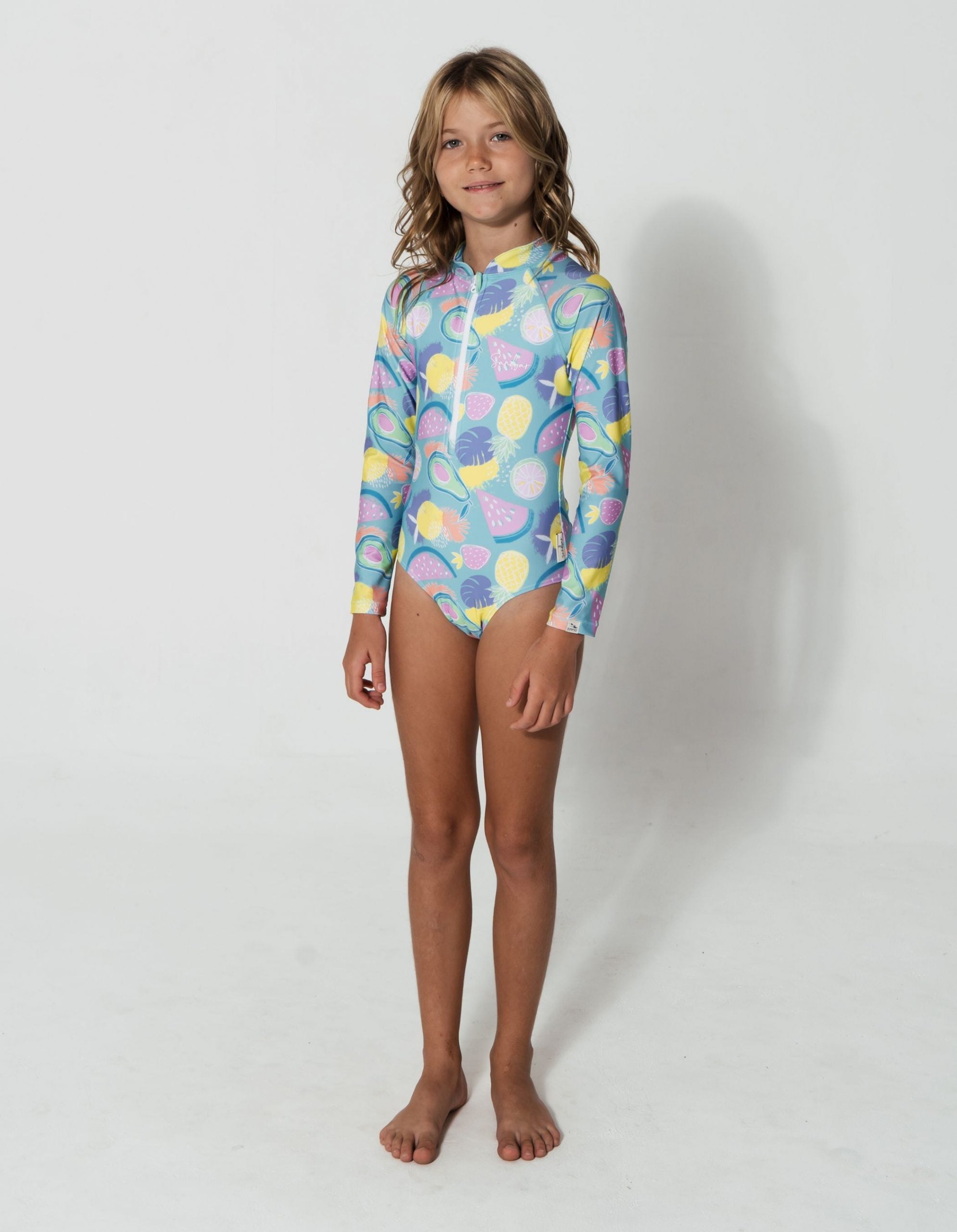Tropicana Long Sleeved Girls Swimsuit, print detail. Sustainable girls swimwear.