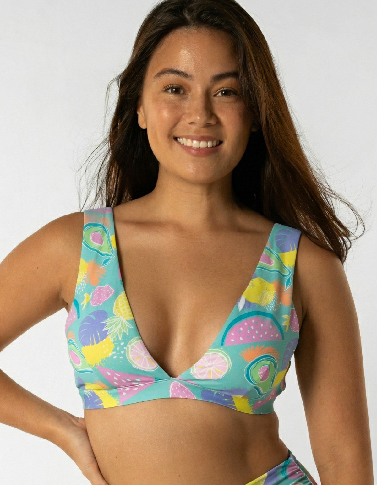 Dune – Tropicana Womens Plunge Bikini Top, front view. Sustainable womens swimwear.