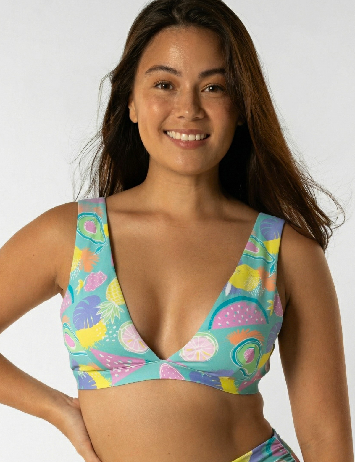 Dune – Tropicana Womens Plunge Bikini Top, front view. Sustainable womens swimwear.