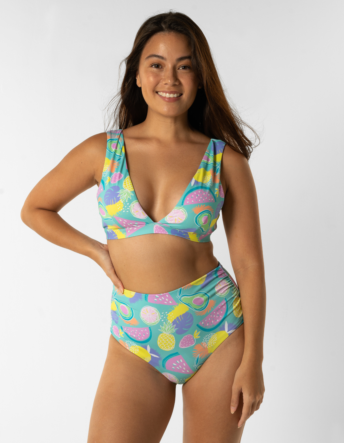 Dune – Tropicana Womens Plunge Bikini Top, print detail. Sustainable womens swimwear.