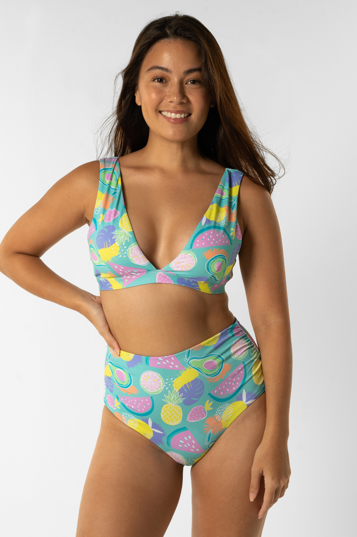 Dune – Tropicana Womens Plunge Bikini Top, print detail. Sustainable womens swimwear.