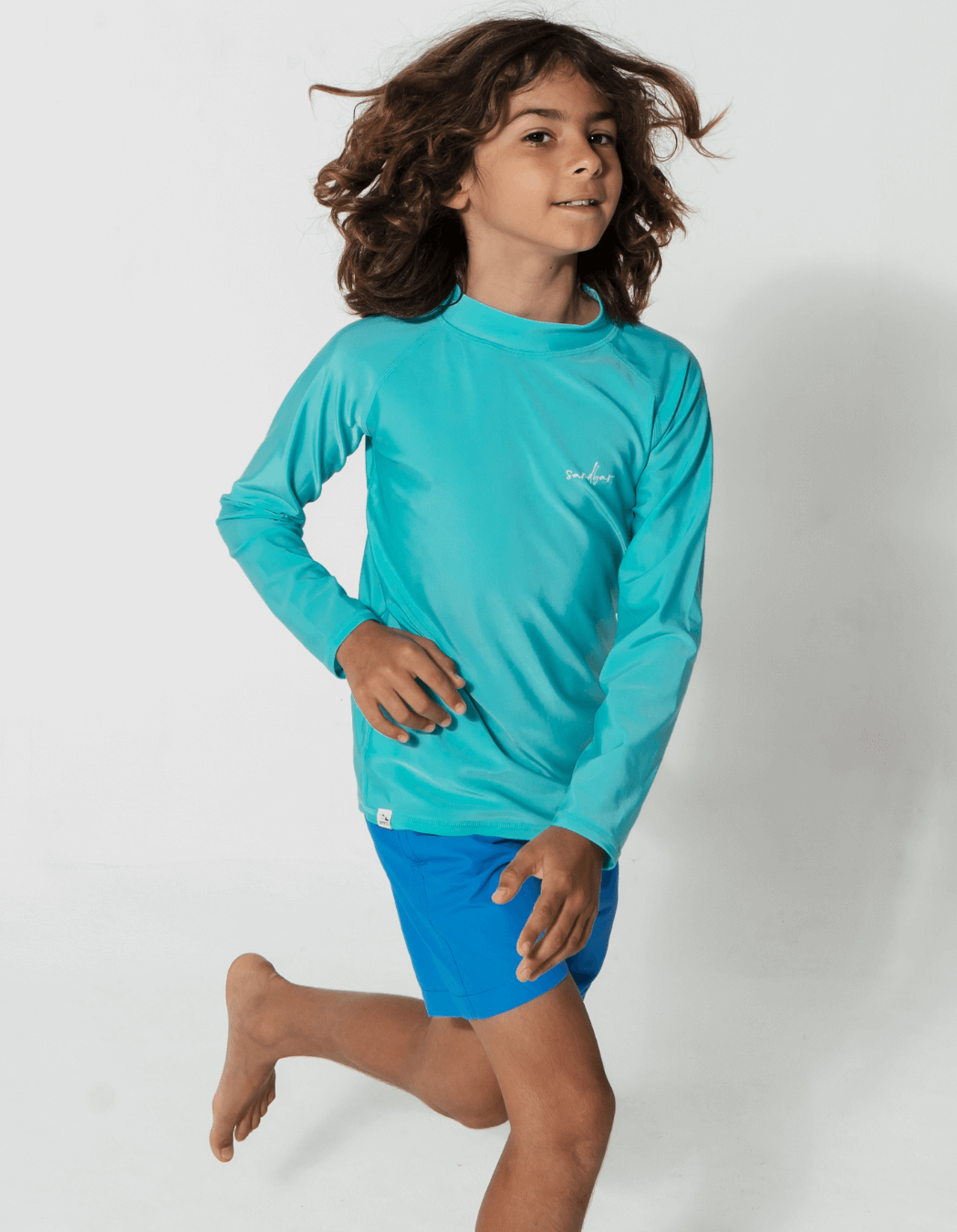 Turquoise Rash Guard, print detail. Kids UPF50 rash guard.