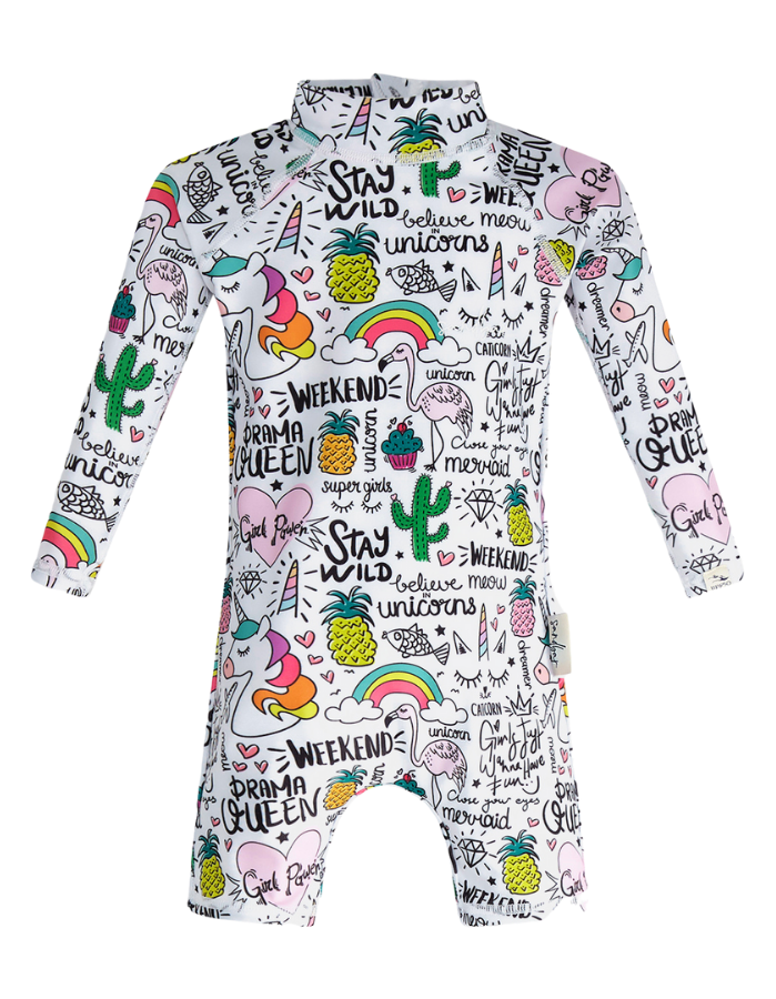 Unicorn & Flamingo Baby Swimsuit, print detail. Sustainable baby swimwear.