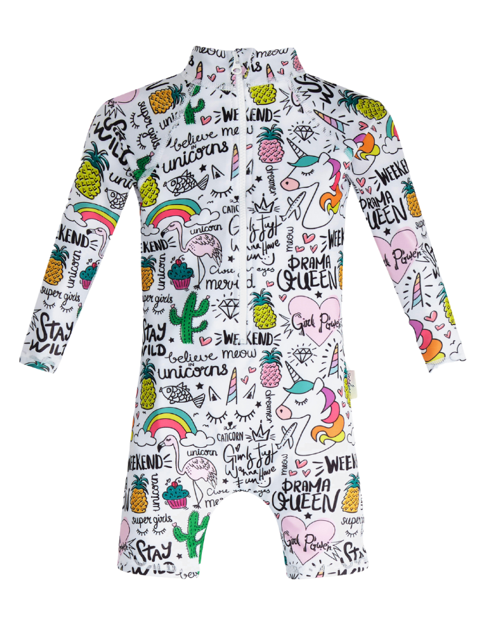 Unicorn & Flamingo Baby Swimsuit, lifestyle shot. Sustainable baby swimwear.
