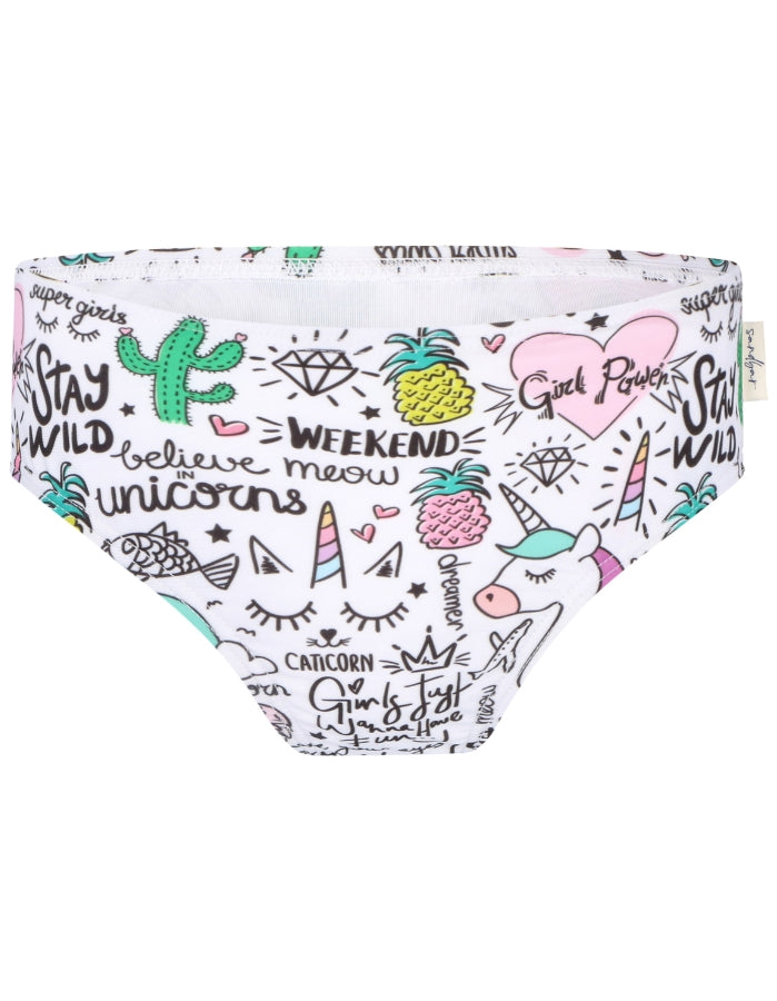 Unicorn Flamingo Girls Bikini Bottoms, print detail. Sustainable girls swimwear.
