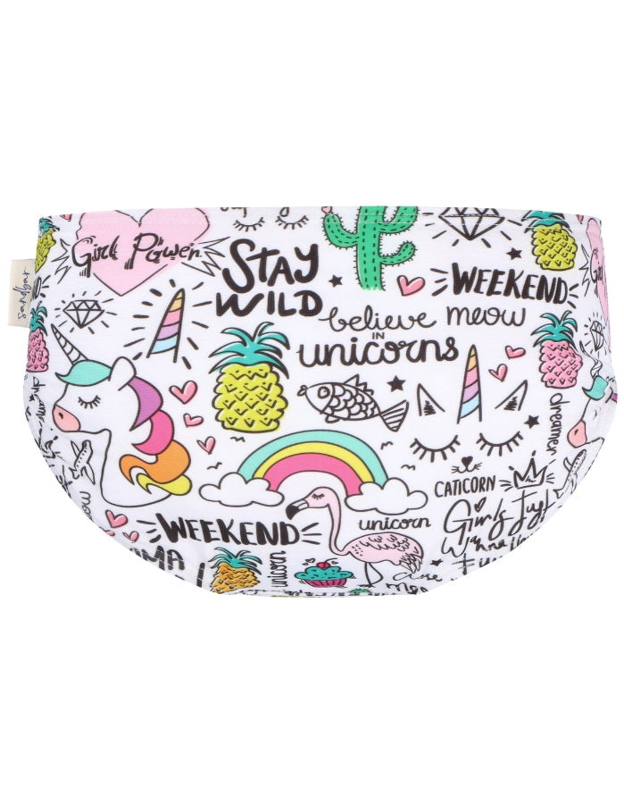 Unicorn Flamingo Girls Bikini Bottoms, lifestyle shot. Sustainable girls swimwear.