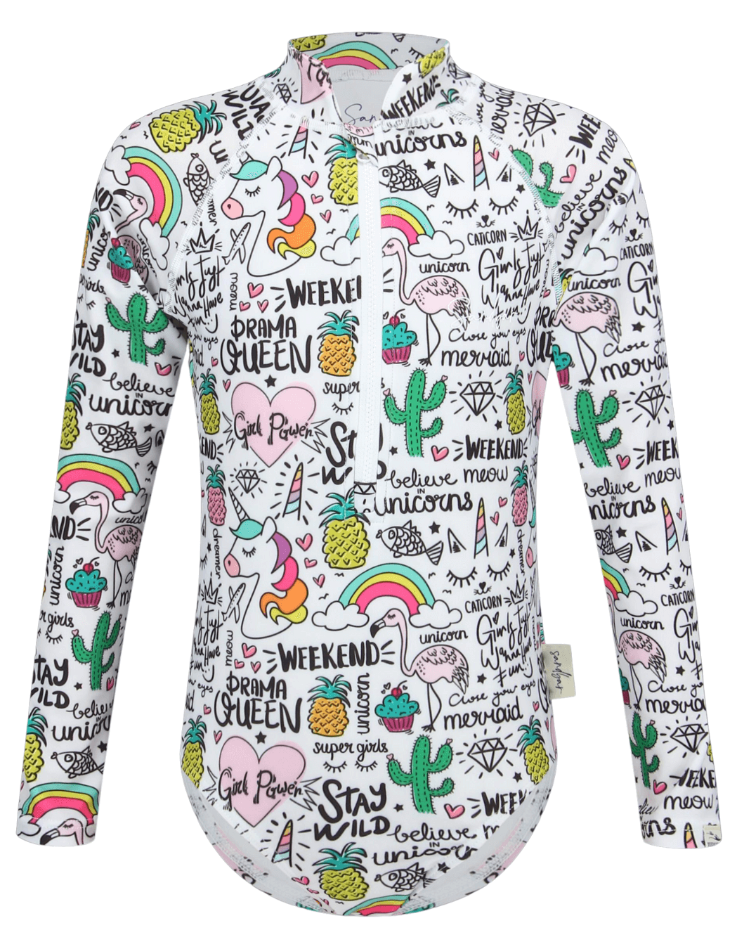 Unicorn Flamingo Long Sleeved Girls Swimsuit, additional view. Sustainable girls swimwear.