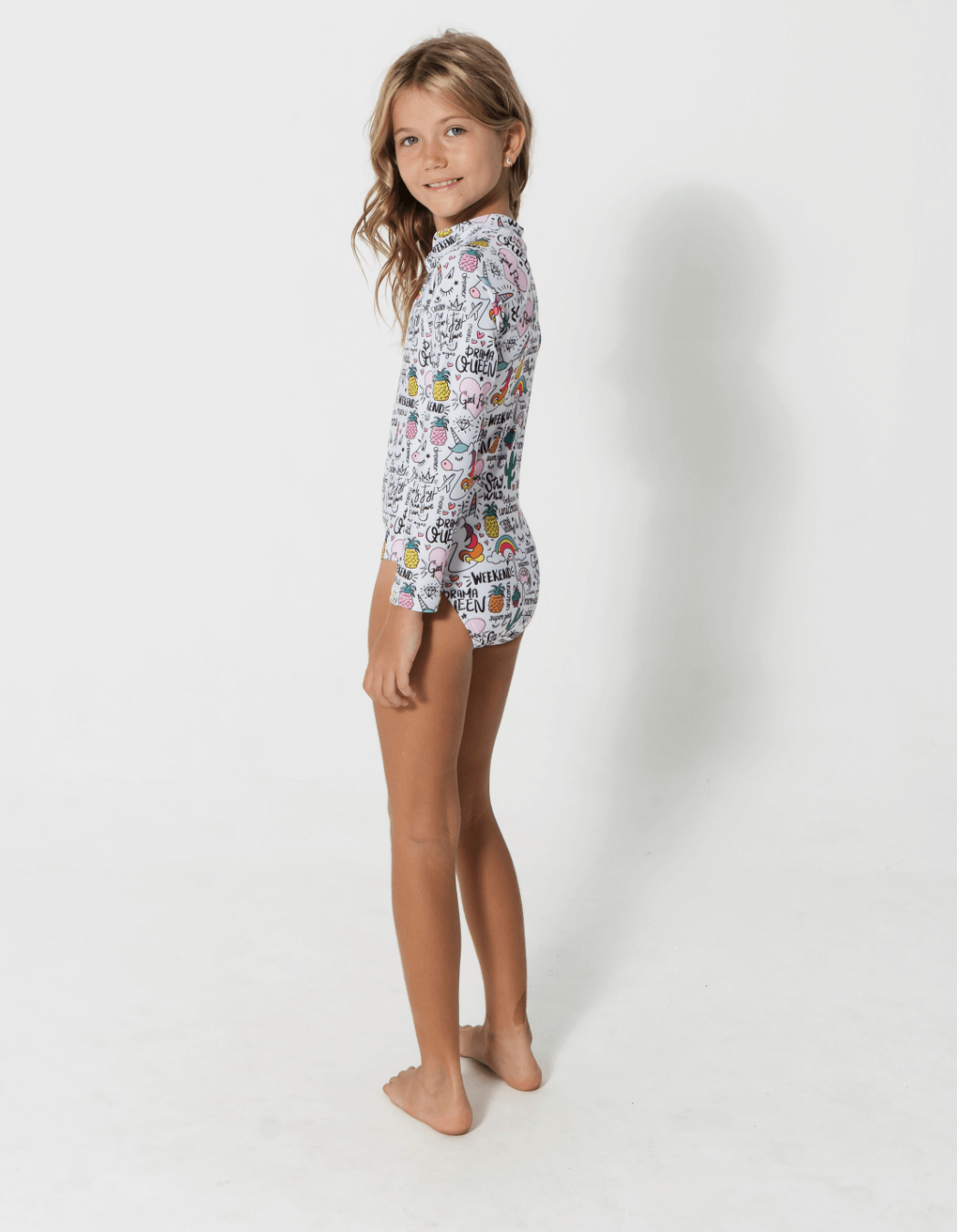 Unicorn Flamingo Long Sleeved Girls Swimsuit, additional view. Sustainable girls swimwear.