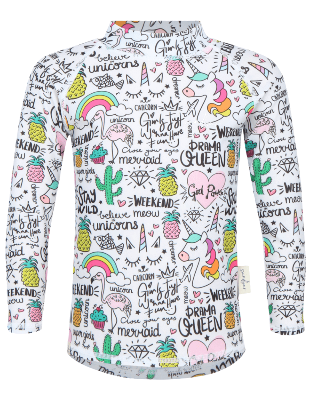 Unicorn Flamingo Rash Guard, lifestyle shot. Kids UPF50 rash guard.