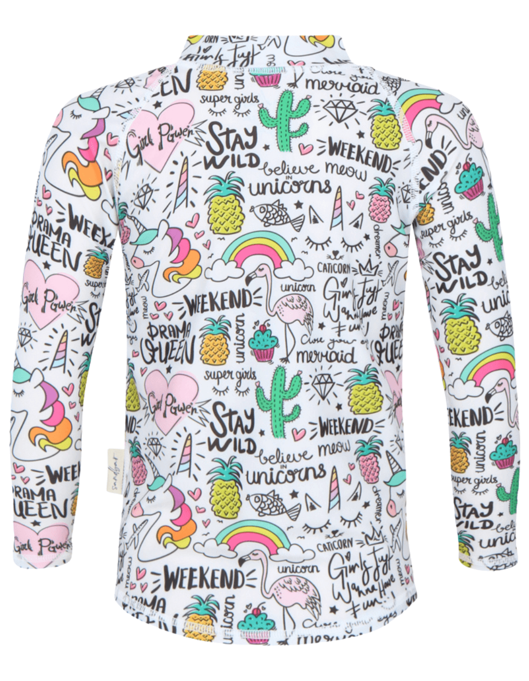 Unicorn Flamingo Rash Guard, additional view. Kids UPF50 rash guard.