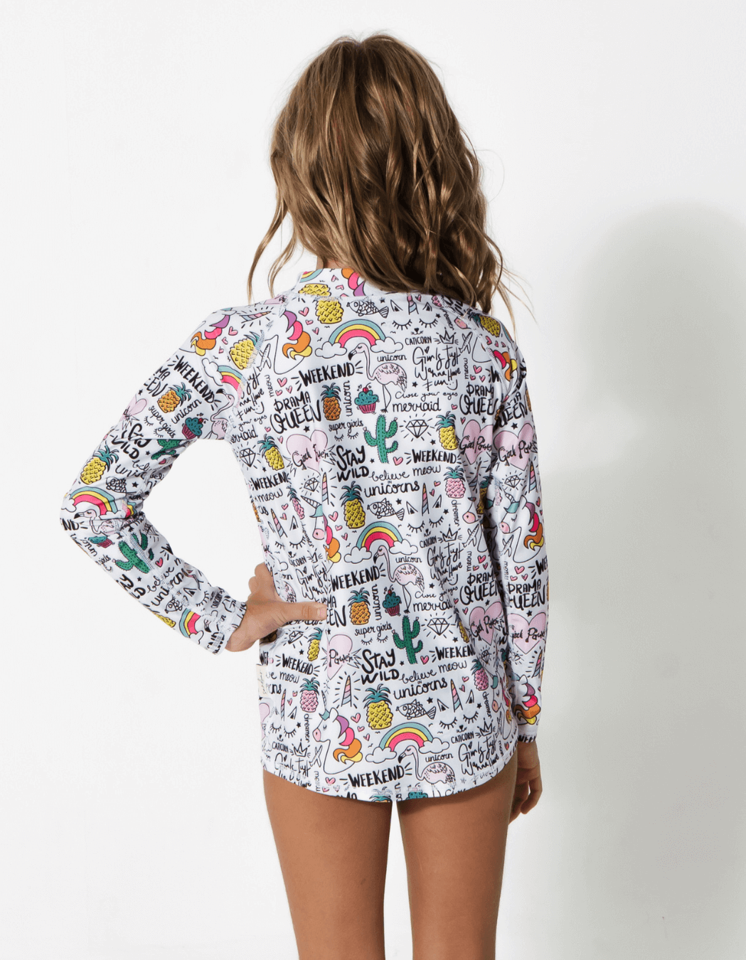 Unicorn Flamingo Rash Guard, back view. Kids UPF50 rash guard.
