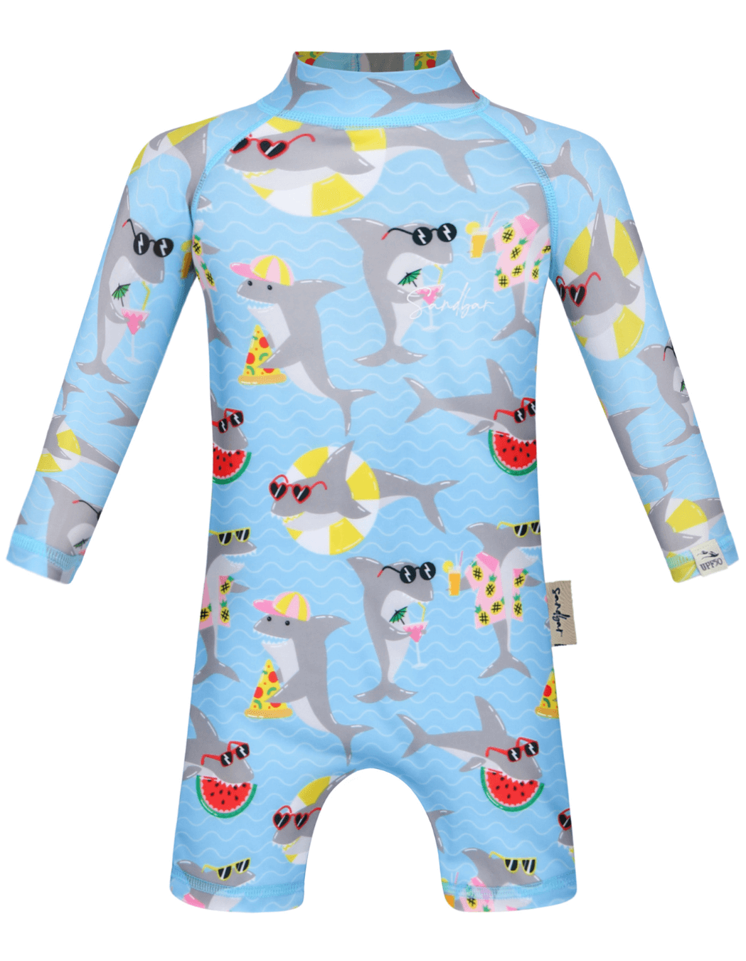 Watermelon Shark Baby Swimsuit, print detail. Sustainable baby swimwear.
