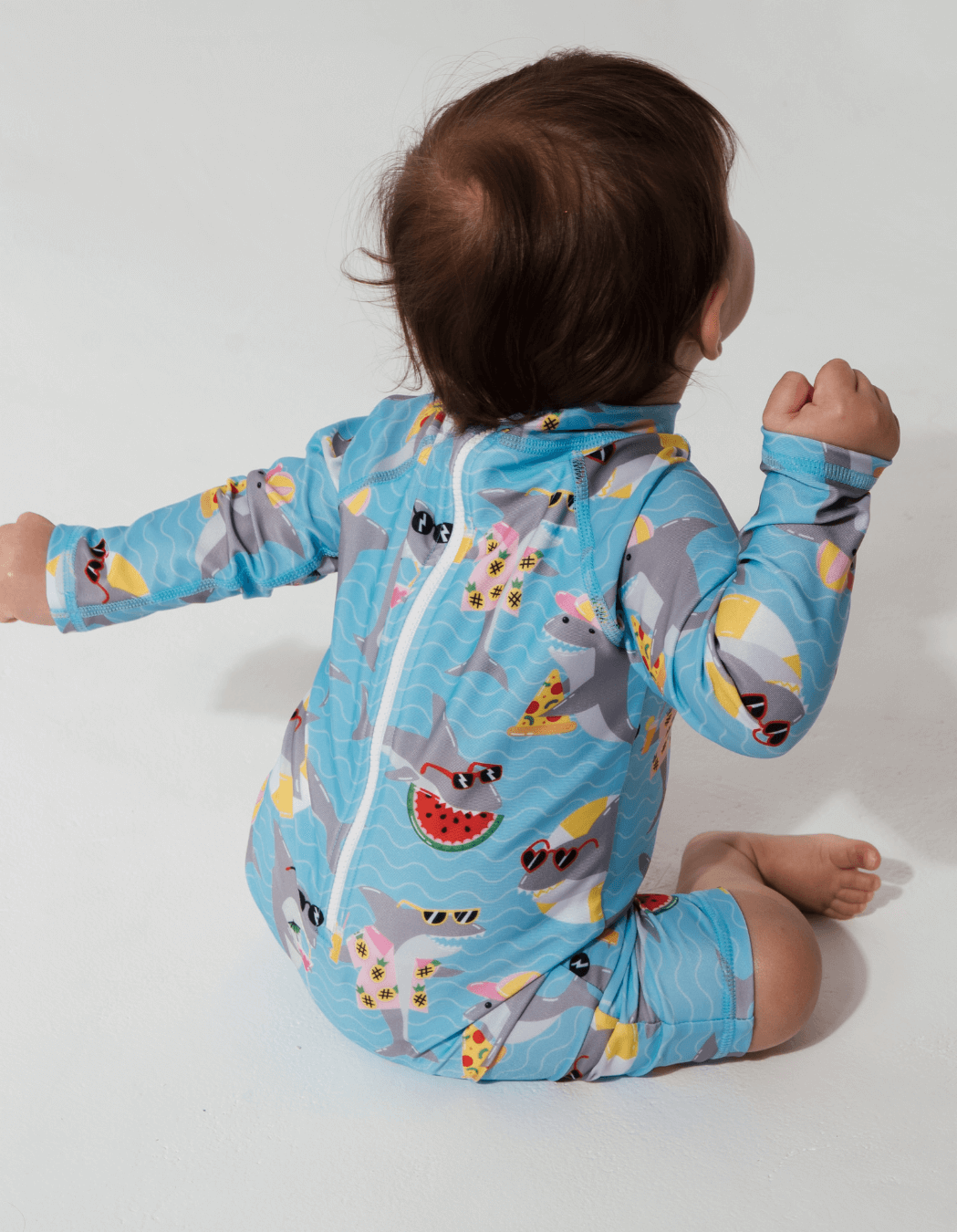Watermelon Shark Baby Swimsuit, back view. Sustainable baby swimwear.