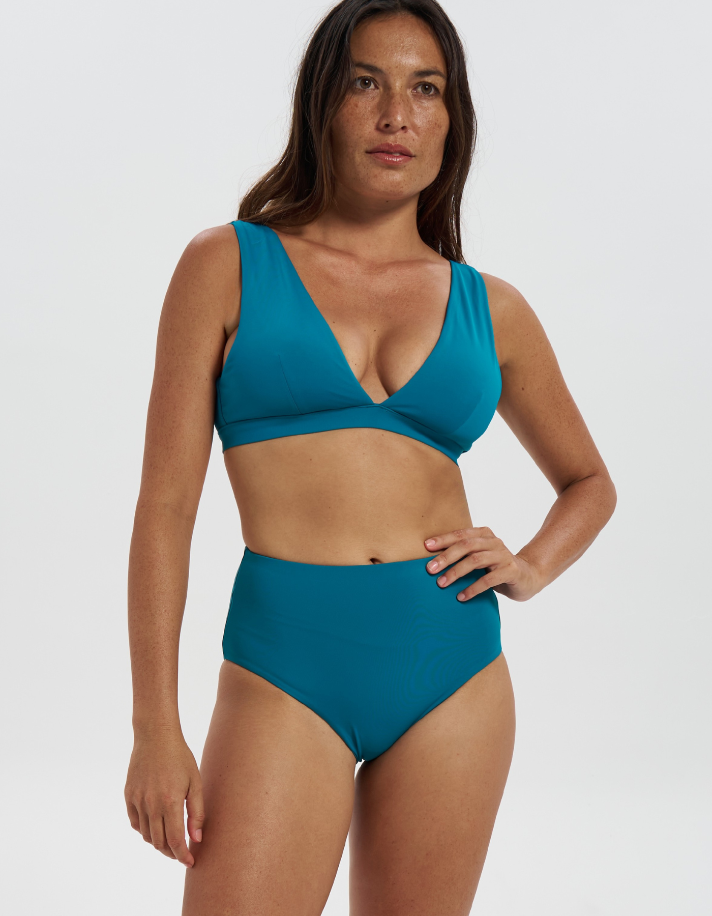 High Waist Teal Womens Bikini Bottoms, front view. Sustainable womens swimwear.