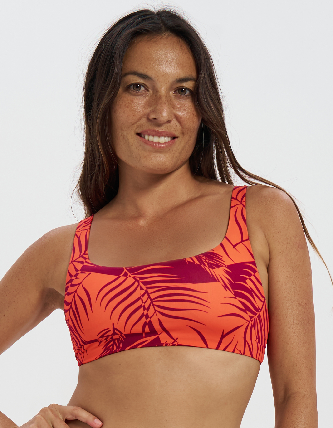 Sunset Palm Womens Tank Bikini Top, front view. Sustainable womens swimwear.