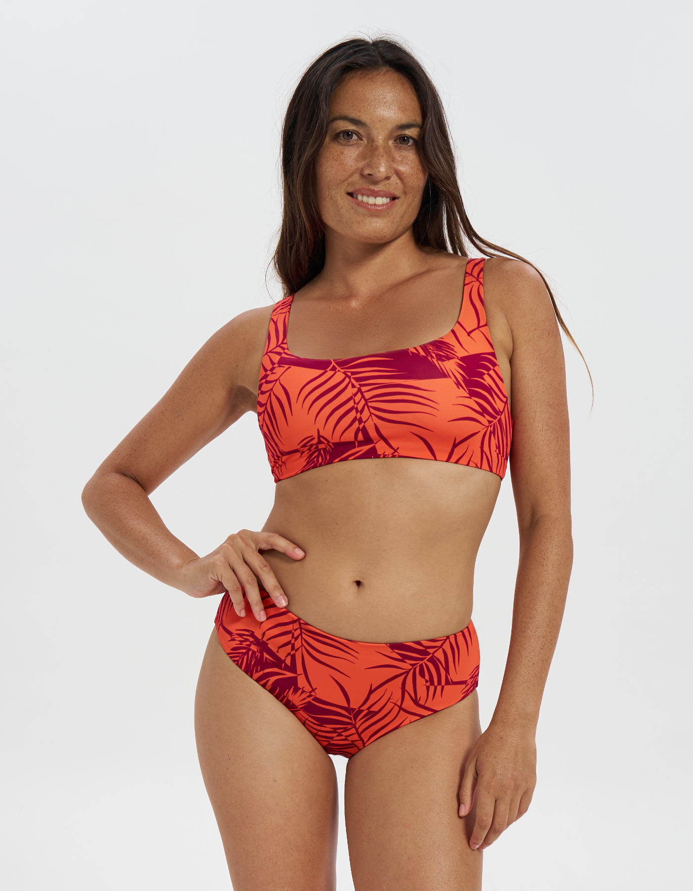 Mid Waist Sunset Palm Womens Bikini Bottoms, front view. Sustainable womens swimwear.