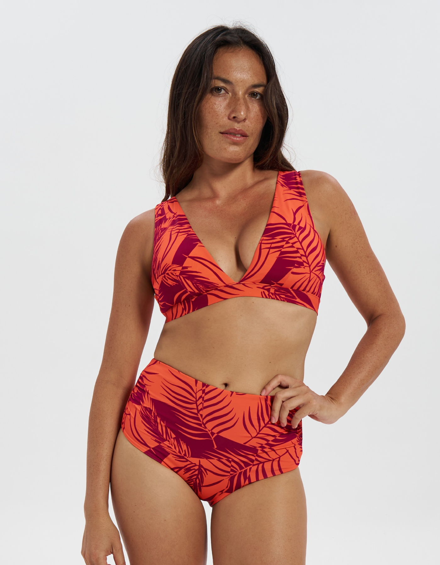 High Waist Sunset Palm Womens Bikini Bottoms, front view. Sustainable womens swimwear.