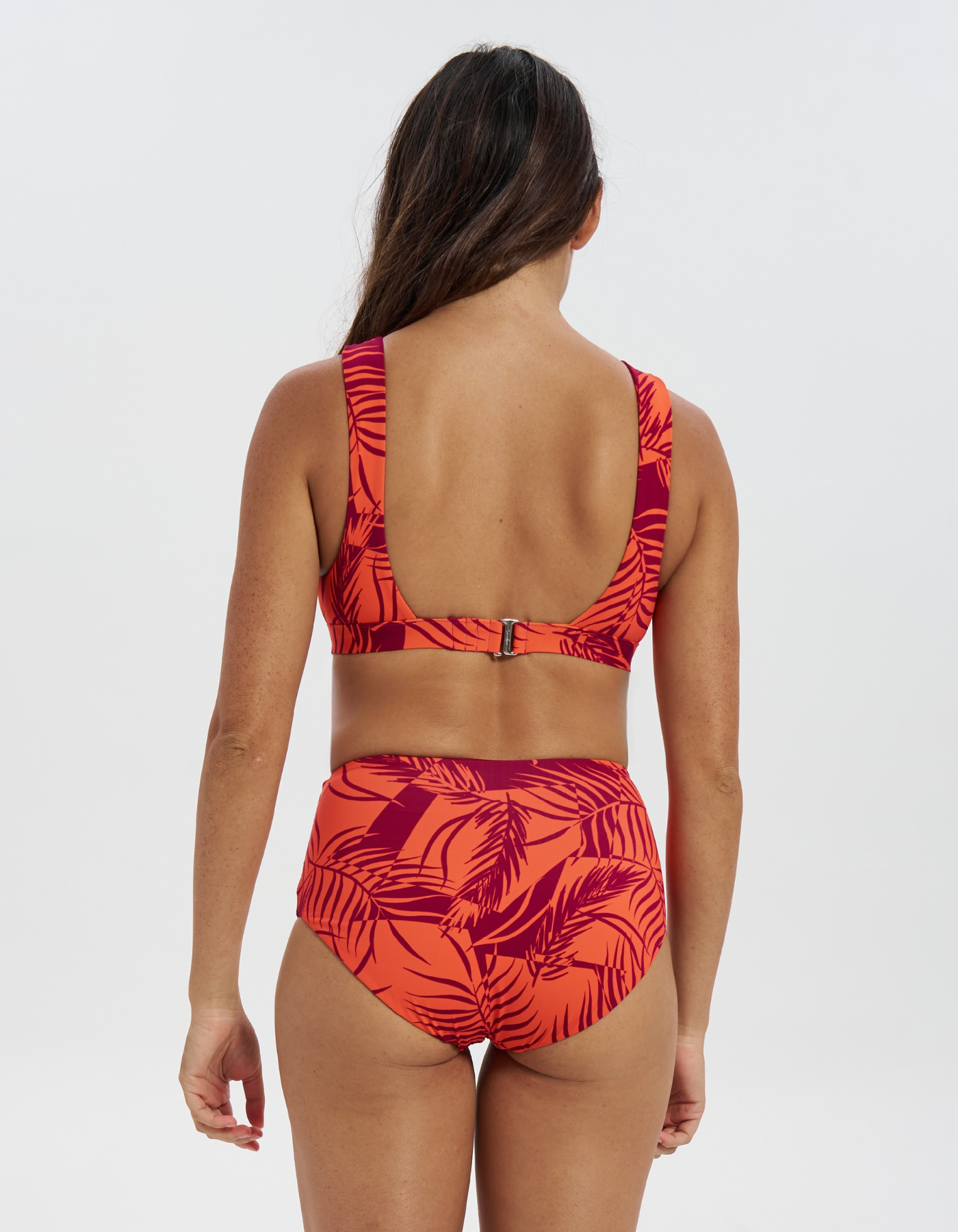 High Waist Sunset Palm Womens Bikini Bottoms, back view. Sustainable womens swimwear.