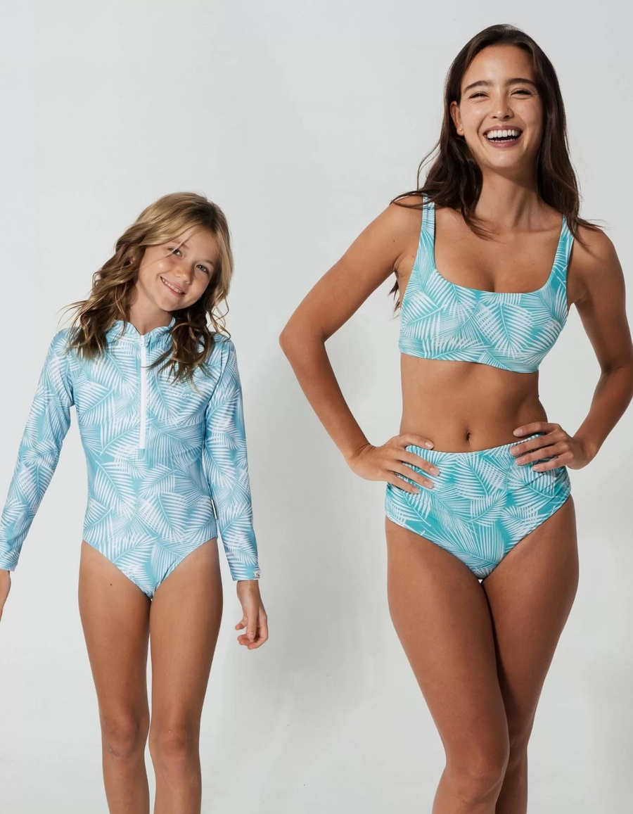 Mother & Daughter Green Fern, front view. Sustainable girls swimwear.