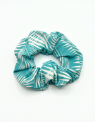 Green Fern Scrunchie, front view. Recycled hair scrunchie.