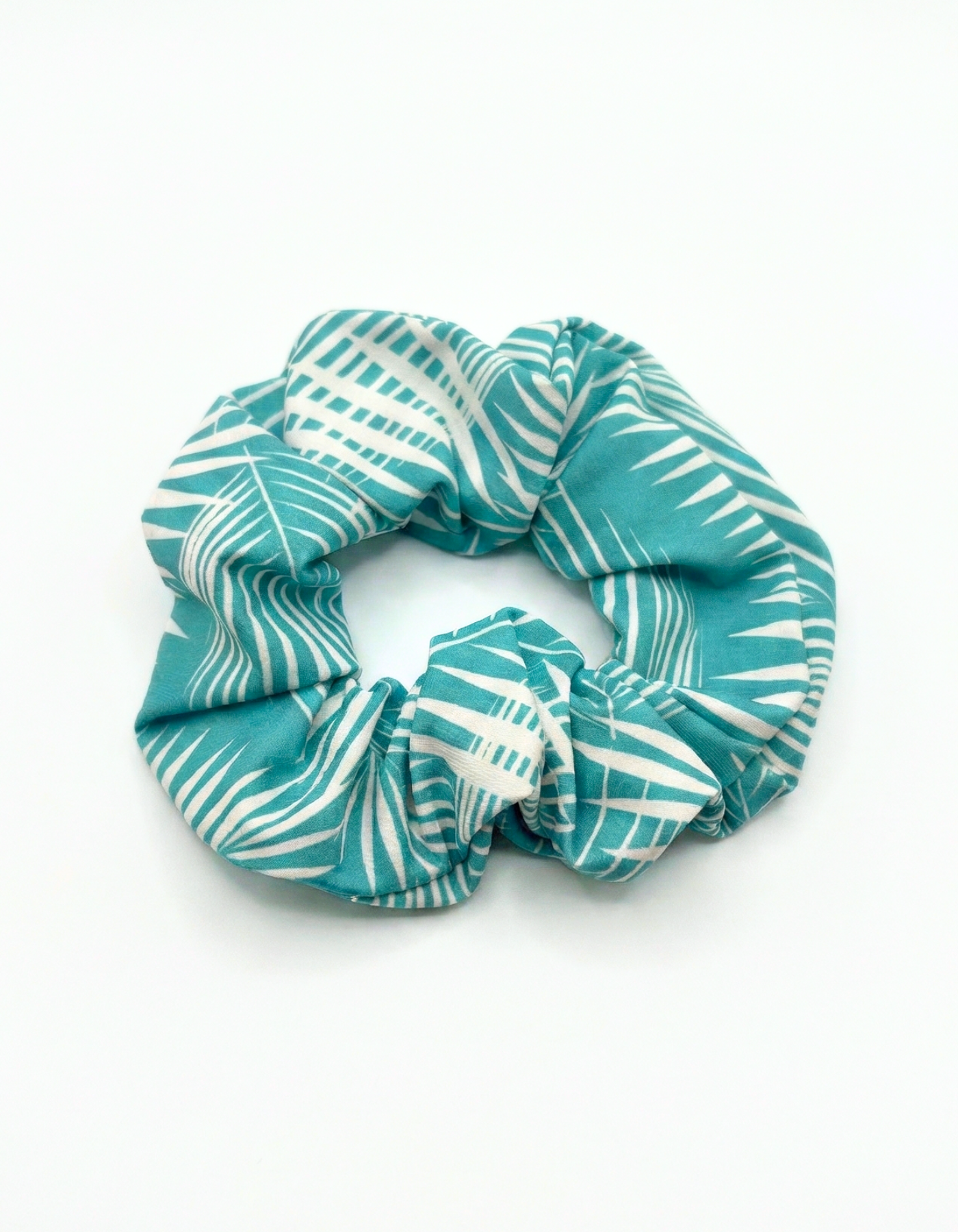 Green Fern Scrunchie, front view. Recycled hair scrunchie.