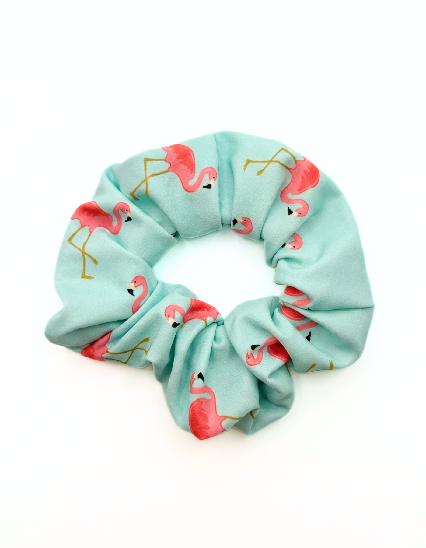 Pink Flamingo Scrunchie, front view. Recycled hair scrunchie.