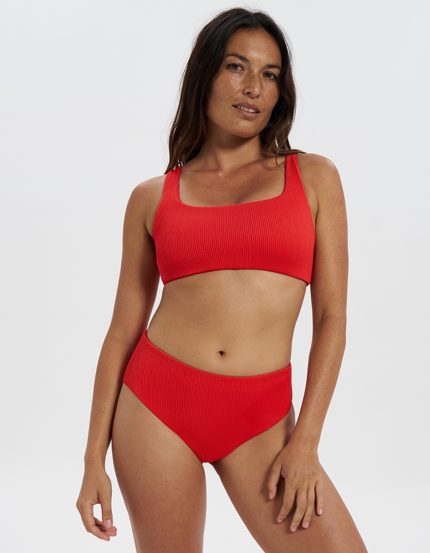 Mid Waist Lipstick Red Womens Ribbed Bikini Bottoms, front view. Sustainable womens swimwear.