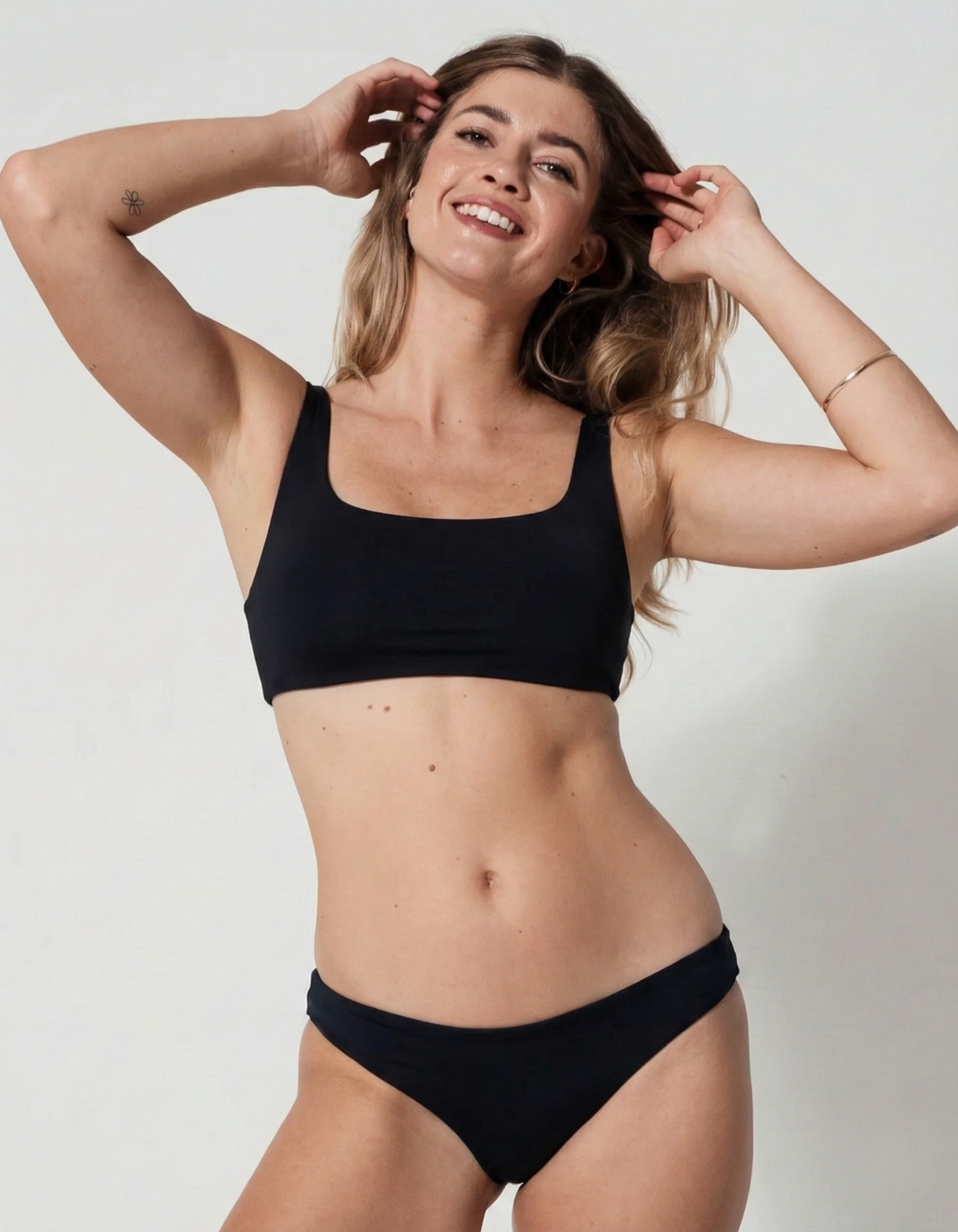 Black Womens Tank Bikini Top, print detail. Sustainable womens swimwear.