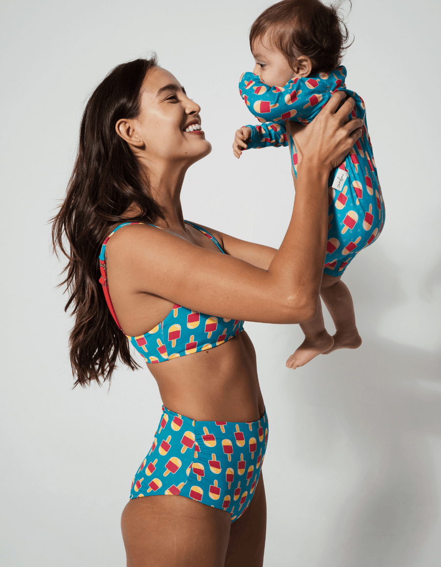 Mother & Baby Swimwear Ice Lolly, front view. Sustainable baby swimwear.
