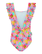 Pink Palm Girls Ruffle Swimsuit, additional view. Sustainable girls swimwear.