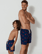 Father & Son Swim Shorts Embroidered Lobster, front view. Father and son matching swim shorts.