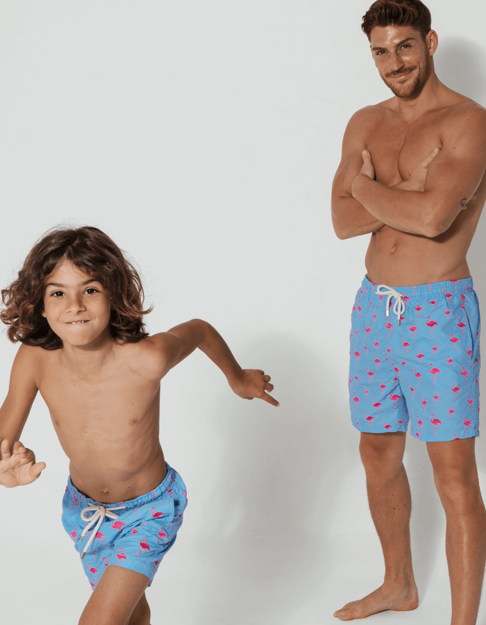 Father & Son Swim Shorts Embroidered Flamingo