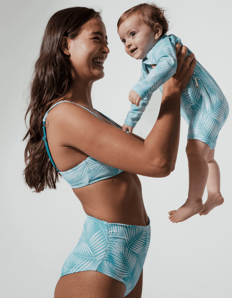 Mother & Baby Swimwear Green Fern Bikini, front view. Sustainable baby swimwear.
