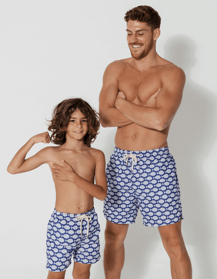 Father & Son Swim Shorts Blue Fish