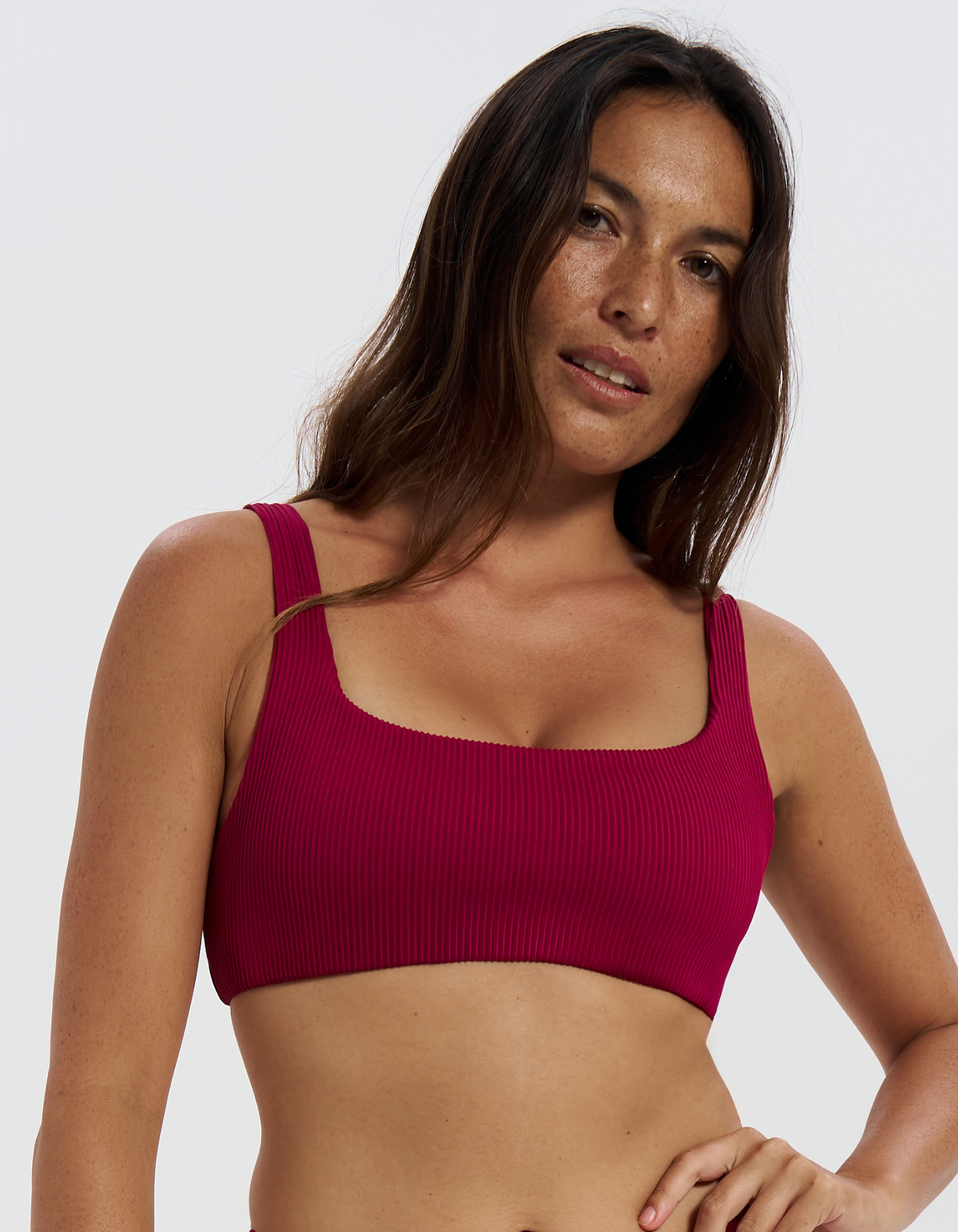 Nikoi Plum Womens Ribbed Tank Bikini Top, front view. Sustainable womens swimwear.