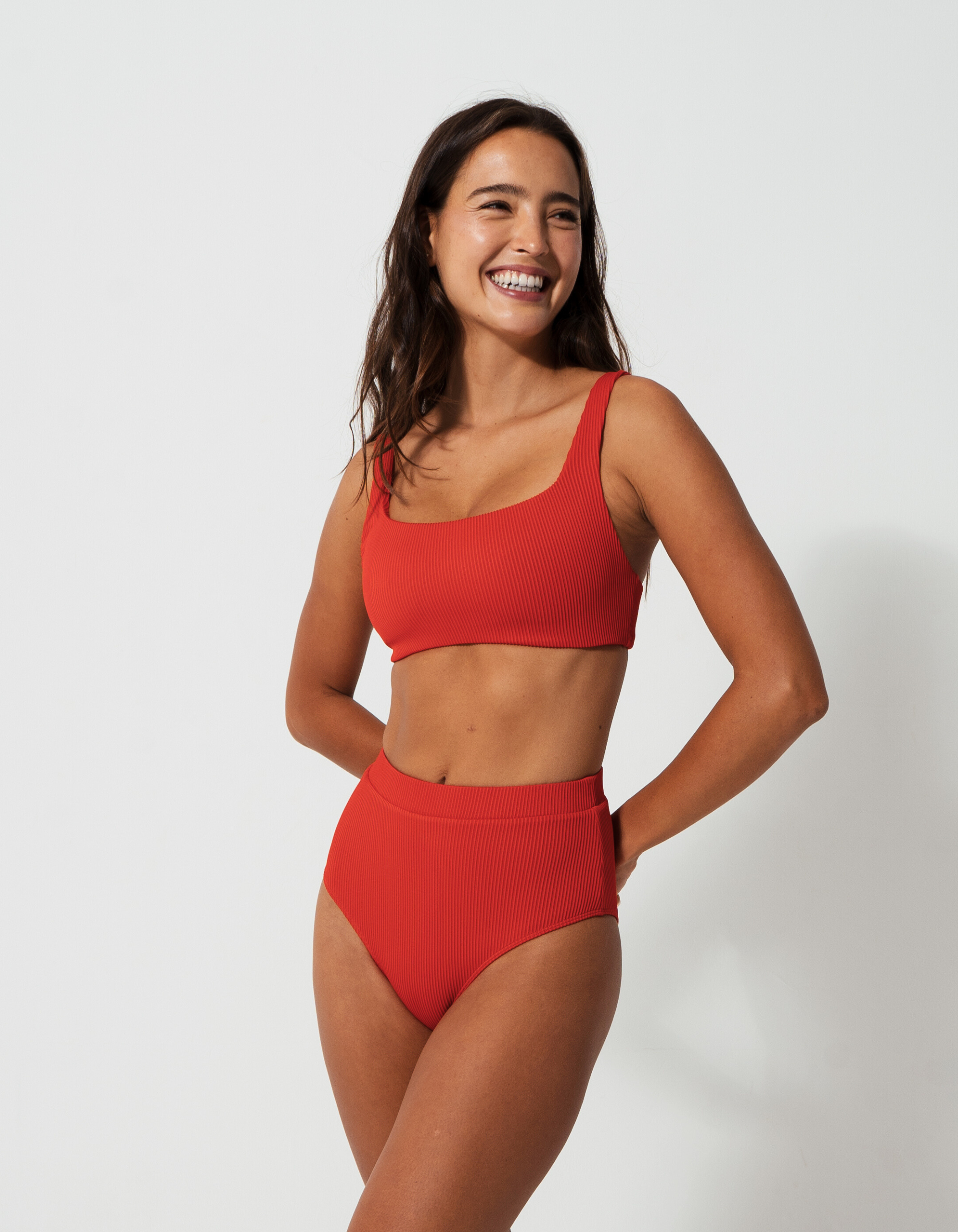 Nikoi Lipstick Red Womens Ribbed Tank Bikini Top, print detail. Sustainable womens swimwear.