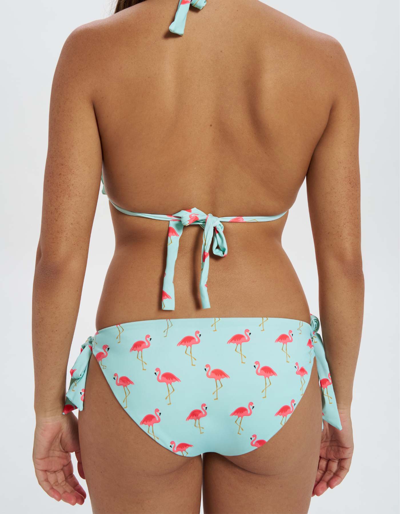 Hipster Tie Side Pink Flamingo Womens Bikini Bottoms, back view. Sustainable womens swimwear.