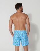Azure Mosaic Mens Tailored Swim Shorts, back view. Tailored mens swim shorts.