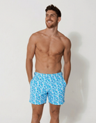 Azure Mosaic Mens Tailored Swim Shorts, front view. Tailored mens swim shorts.