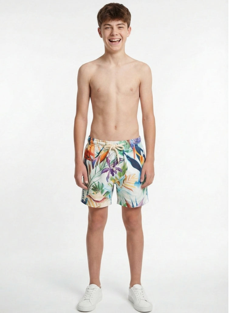 Sam wearing Bird of Paradise Boys Swim Shorts, size Age 13
