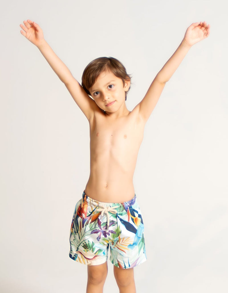 Finn wearing Bird of Paradise Boys Swim Shorts, size Age 6